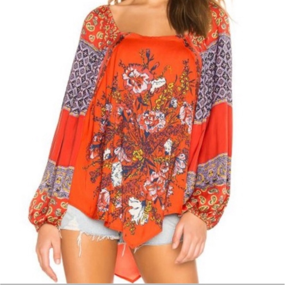 Free People Positano Boho Printed Floral Balloon Sleeve Blouse Top Size Small - Picture 14 of 14